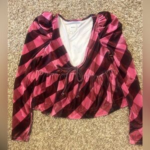 Maeve Pink and Black Checkered Blouse with a bow, size XS